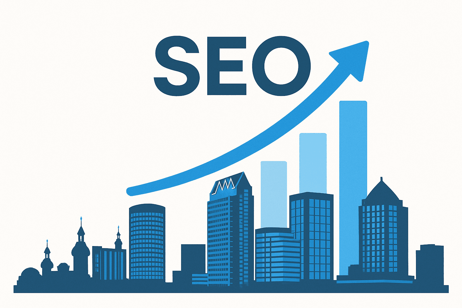 Tampa skyline with a rising SEO graph, symbolizing the city's digital marketing scene