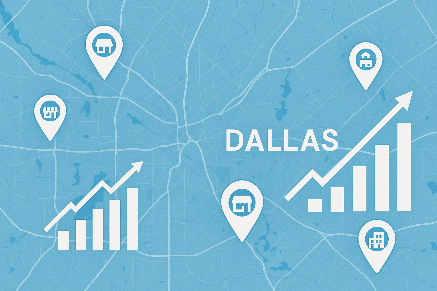 map of Dallas with location pins and an upward-trending graph, symbolizing local business success through SEO