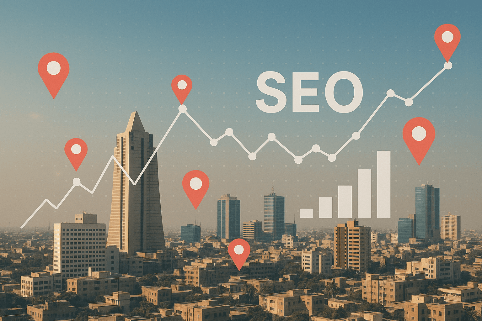map of Faisalabad with data points, representing the city's SEO landscape